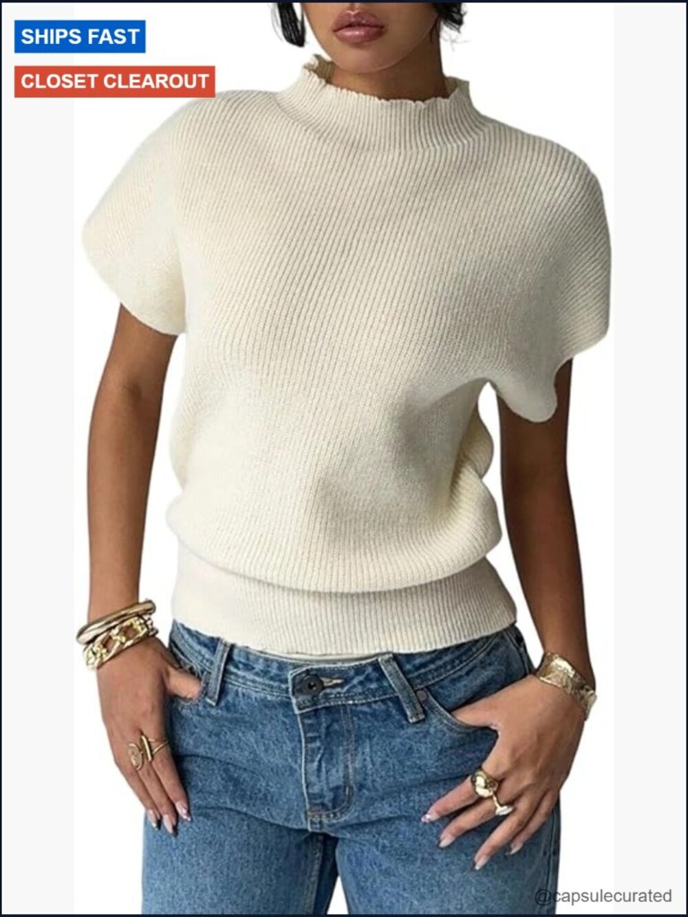 Mock Neck Ribbed Pullover Short Sleeve Sweater Work Office Top